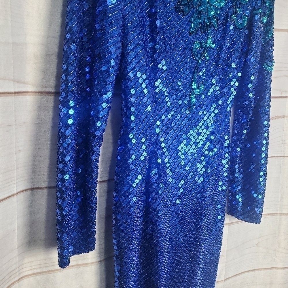 Vintage 80s Nadine Vibrant Blue Floral Sequins Long Sleeve Dress Size Medium - Picture 4 of 16